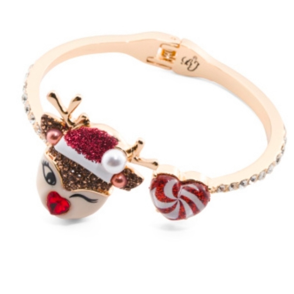 👉✨️ Betsey Johnson winking Reindeer Hinge  Candy Cane Bangle Bracelet